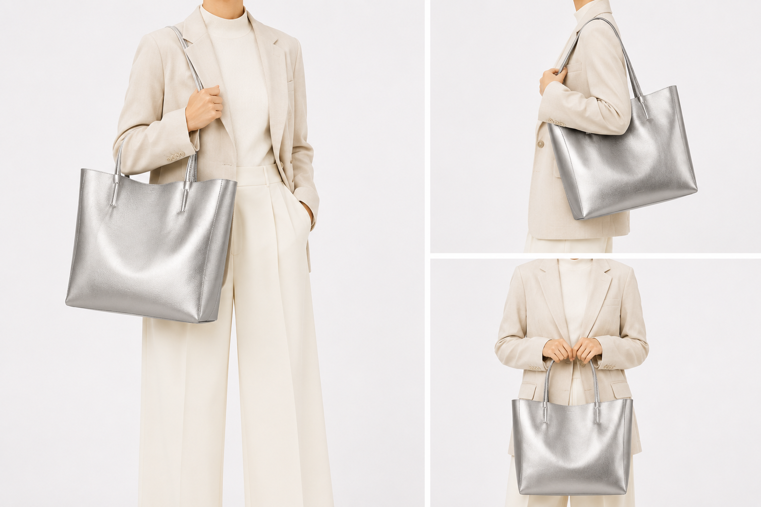 Sac cabas en cuir zippé Paris par Élégance Cuir porté par un mannequin, avec poignée en cuir et fermeture éclair visible.