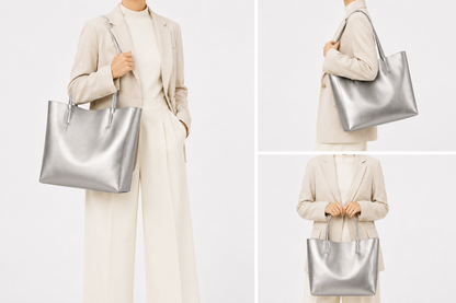 Sac cabas en cuir zippé Paris par Élégance Cuir porté par un mannequin, avec poignée en cuir et fermeture éclair visible.