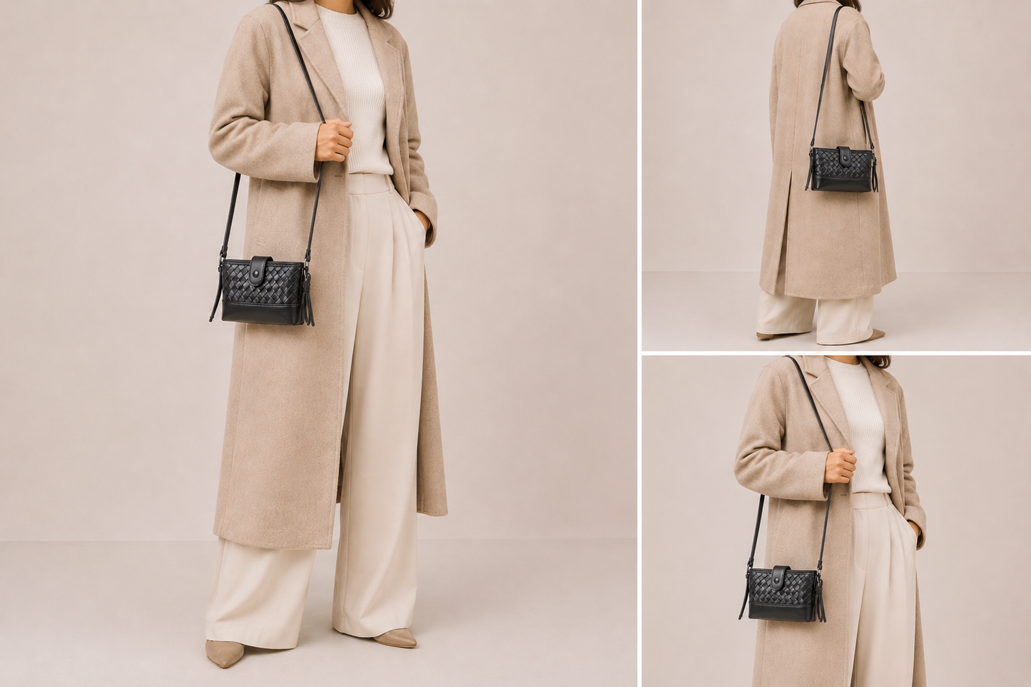 Sac cuir tressé à rabat Parisienne d'Élégance Cuir porté par un mannequin, style élégant et sophistiqué.
