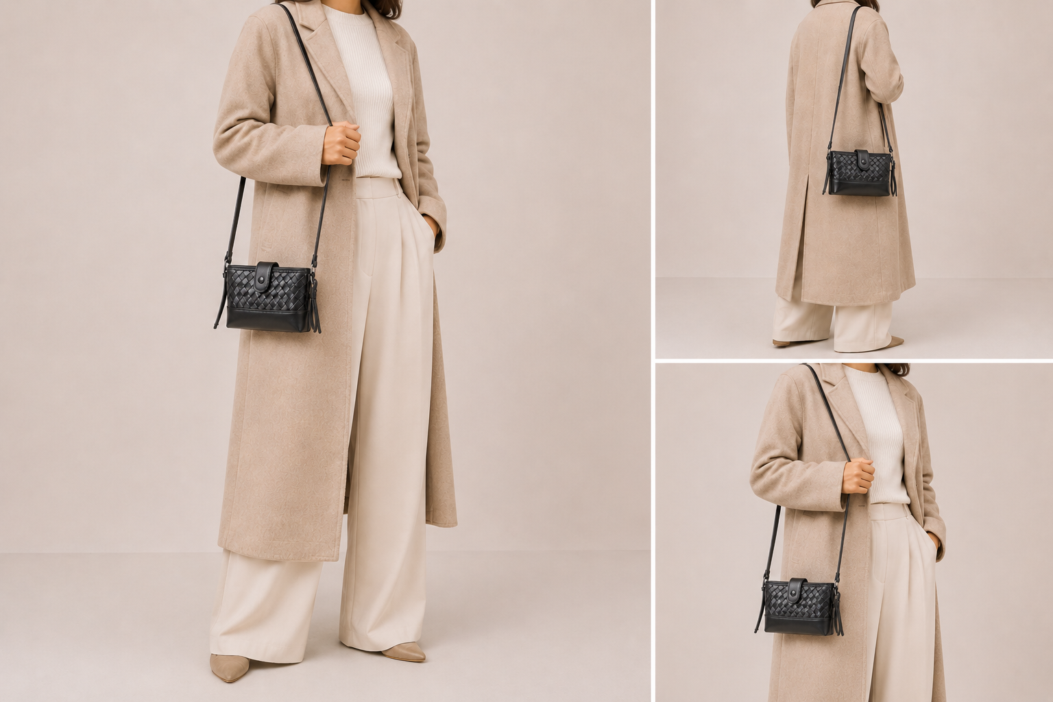 Sac cuir tressé à rabat Parisienne d'Élégance Cuir porté par un mannequin, style élégant et sophistiqué.