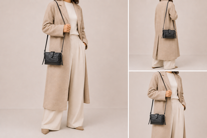 Sac cuir tressé à rabat Parisienne d'Élégance Cuir porté par un mannequin, style élégant et sophistiqué.