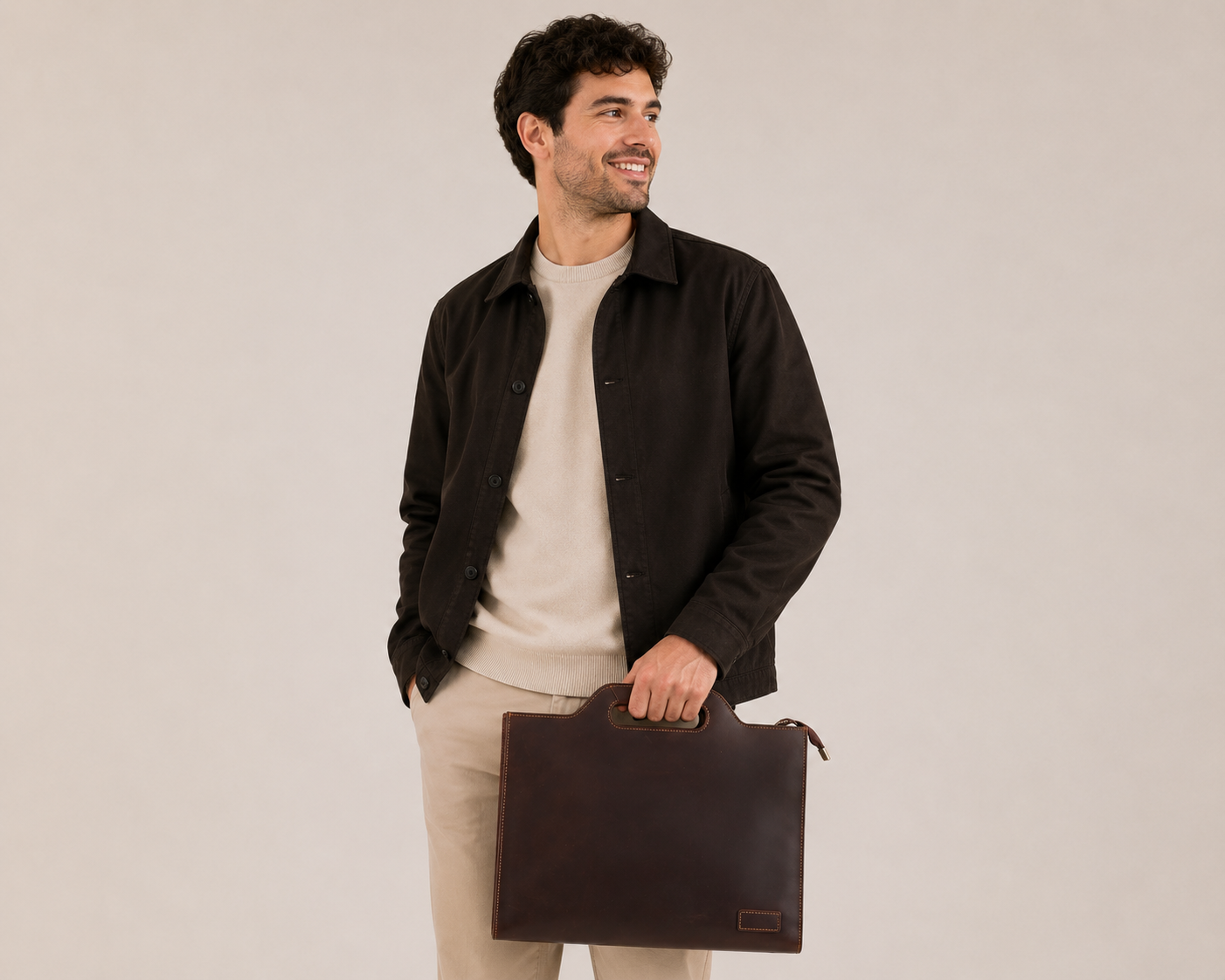 Sac ordinateur en cuir Président d'Élégance Cuir porté par un mannequin, avec poignée et design élégant.