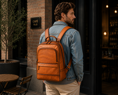 Sac à dos en cuir urbain Titan d'Élégance Cuir porté par un mannequin, avec poches et détails élégants.
