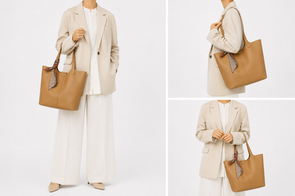 Sac cabas en cuir Toulouse par Élégance Cuir porté sur mannequin, grand sac élégant avec poignées en cuir et design spacieux.