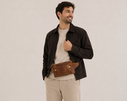 Sacoche en cuir à rabat de la collection Tradition d'Élégance Cuir portée par un mannequin.