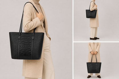 Sac cabas en cuir Versailles par Élégance Cuir porté par un mannequin, avec poignées épaisses et design élégant.