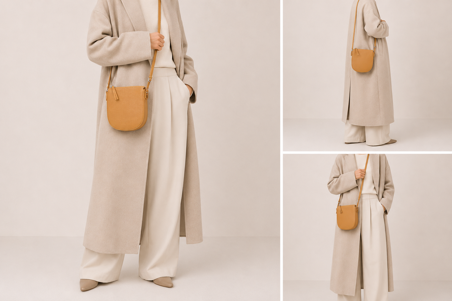 Sac bandoulière en cuir vertical Victoria de Élégance Cuir porté par un mannequin, avec poignée et compartiments visibles.