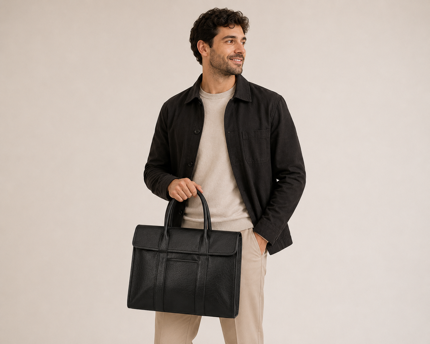 Sac ordinateur en cuir à rabat Le Visionnaire de Élégance Cuir porté par un mannequin, style élégant et moderne.