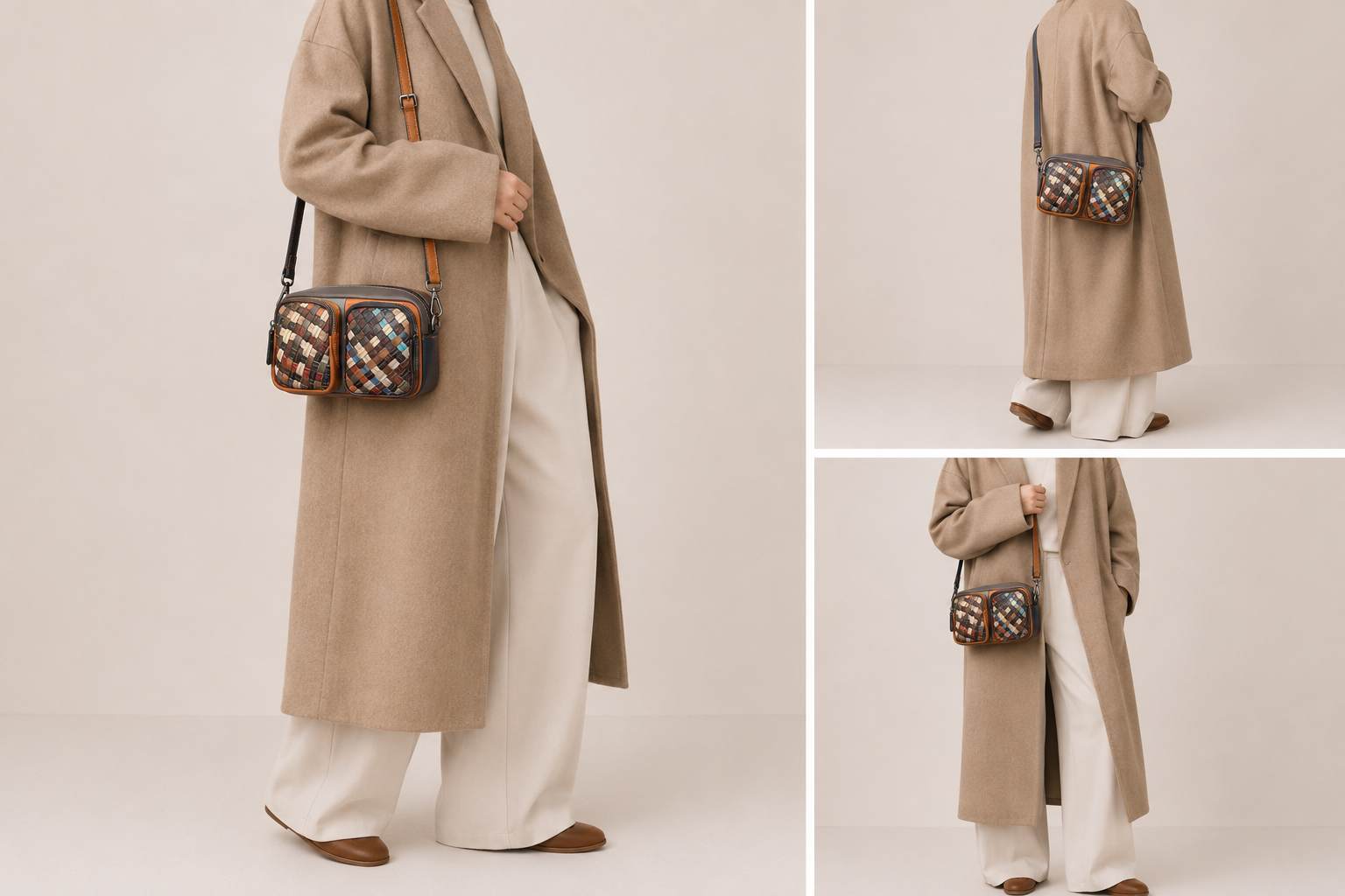 Sac bandoulière en cuir tressé Voyageuse 70s d'Élégance Cuir porté par un mannequin, élégant et vintage.