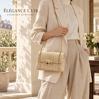 Sac Marie en paille à chaîne dorée porté avec un ensemble ample écru, univers Élégance Cuir
