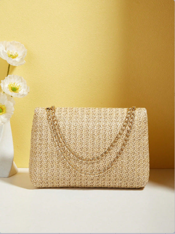 Dos tressé du sac Marie naturel avec chaîne dorée