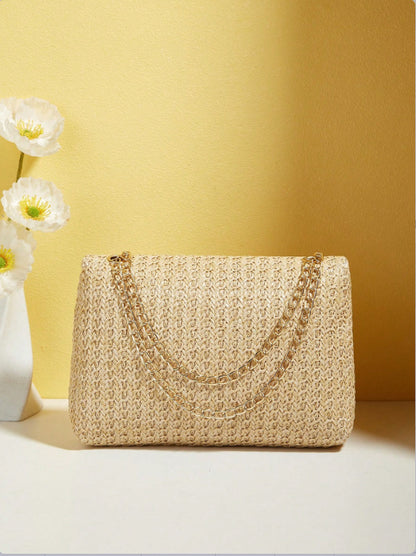 Dos tressé du sac Marie naturel avec chaîne dorée