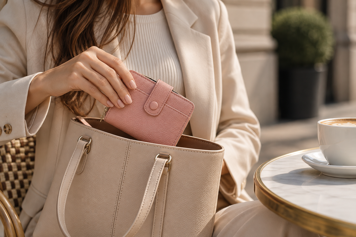 Petit portefeuille en cuir rose pour femme de la marque Élégance Cuir, avec compartiments pour cartes et billets.