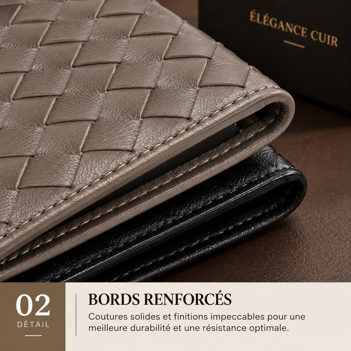 Détail des bords et des coutures des portefeuilles Adrien taupe et noir