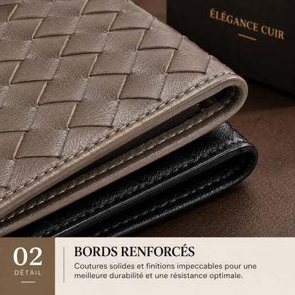 Détail des bords et des coutures des portefeuilles Adrien taupe et noir