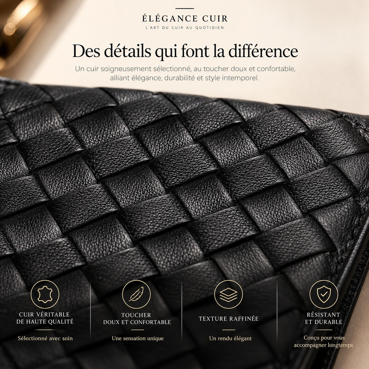 Gros plan sur la texture tressée du cuir véritable noir du portefeuille Adrien