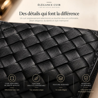 Gros plan sur la texture tressée du cuir véritable noir du portefeuille Adrien