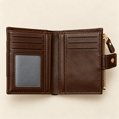 Portefeuille Julien en cuir végan marron ouvert et ses rangements