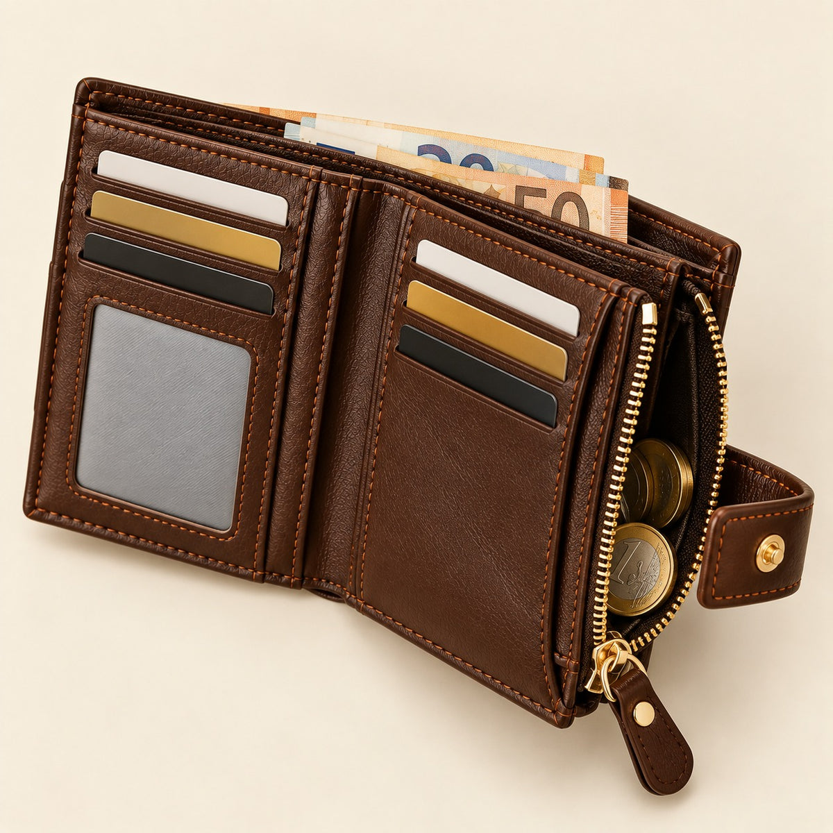 Intérieur du portefeuille Julien marron en cuir végan, rangements et poche à monnaie