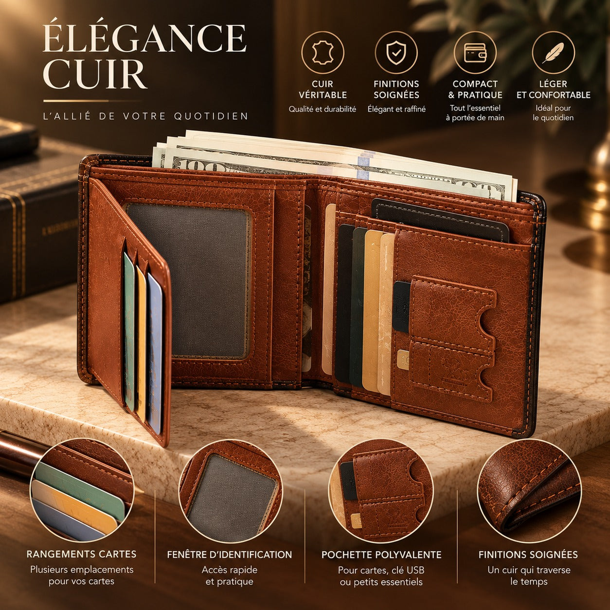 Intérieur du portefeuille Louis en cuir véritable et détails des rangements