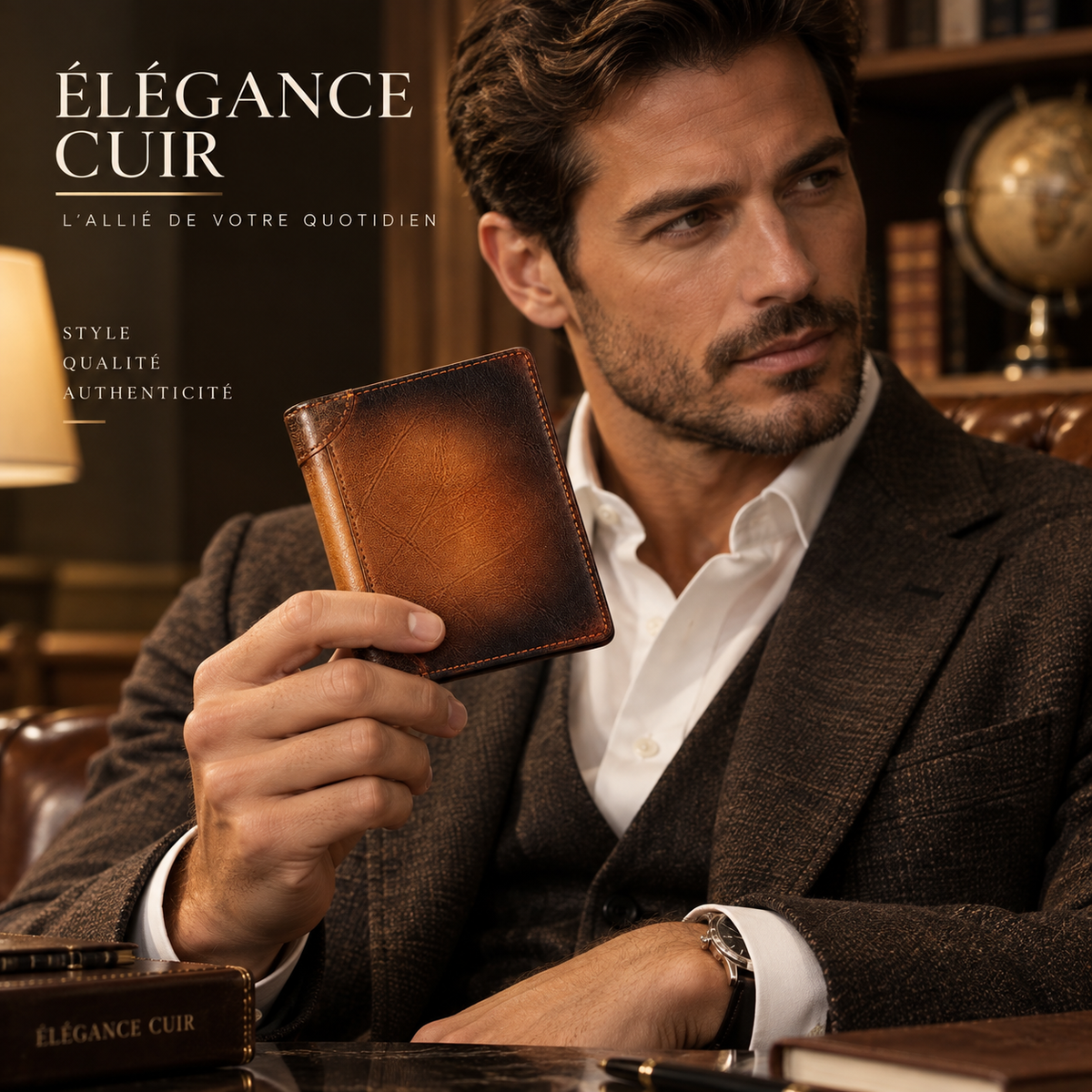 Portefeuille Louis cognac présenté dans l’univers Élégance Cuir