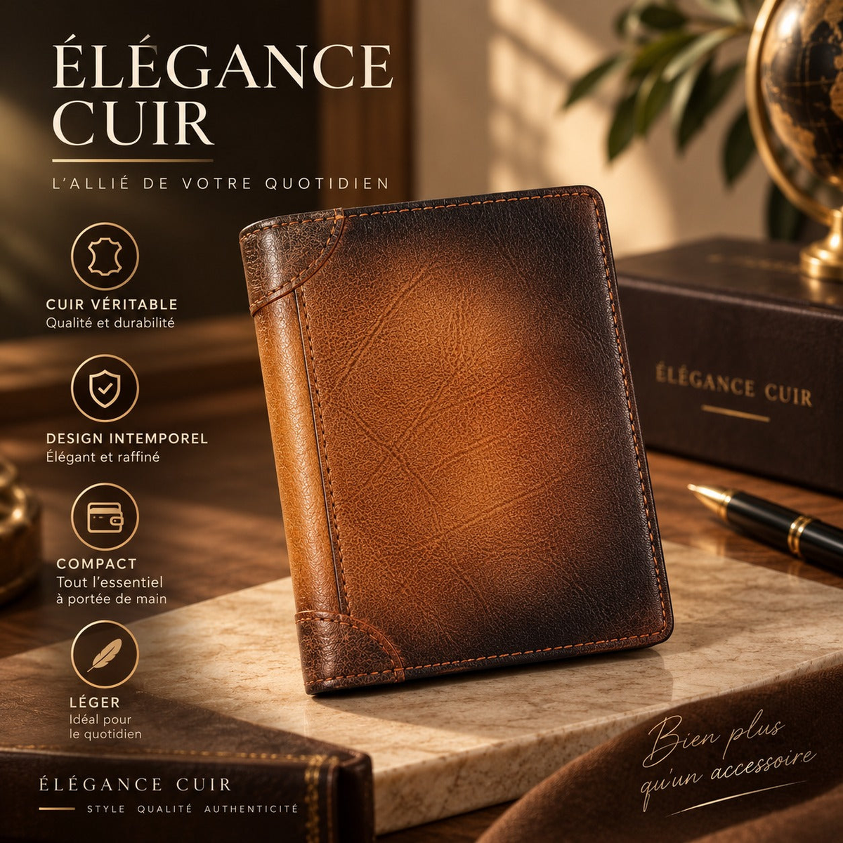 Portefeuille Louis cognac en cuir véritable, présentation Élégance Cuir