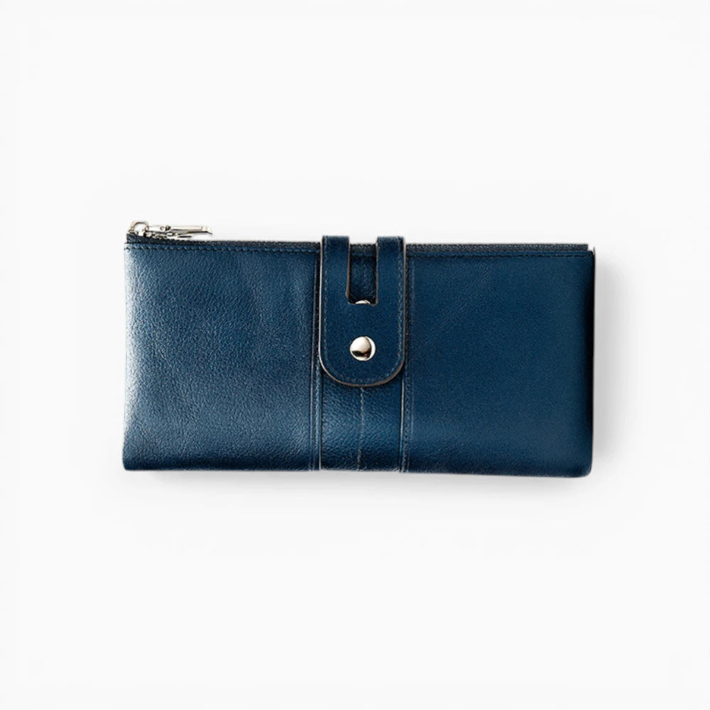 Portefeuille cuir bleu femme avec bouton pression et fermeture zip