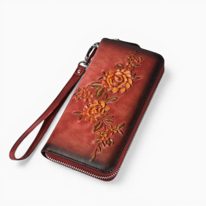 Portefeuille femme en cuir caramel avec motif floral et fermeture zip
