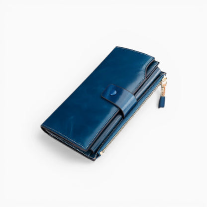 Portefeuille femme cuir bleu avec fermeture éclair et bouton pression