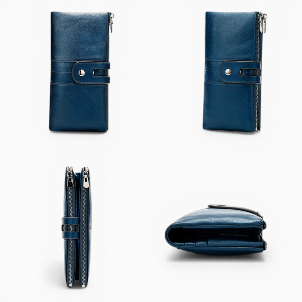 Portefeuille femme cuir bleu avec fermeture et vue sous plusieurs angles