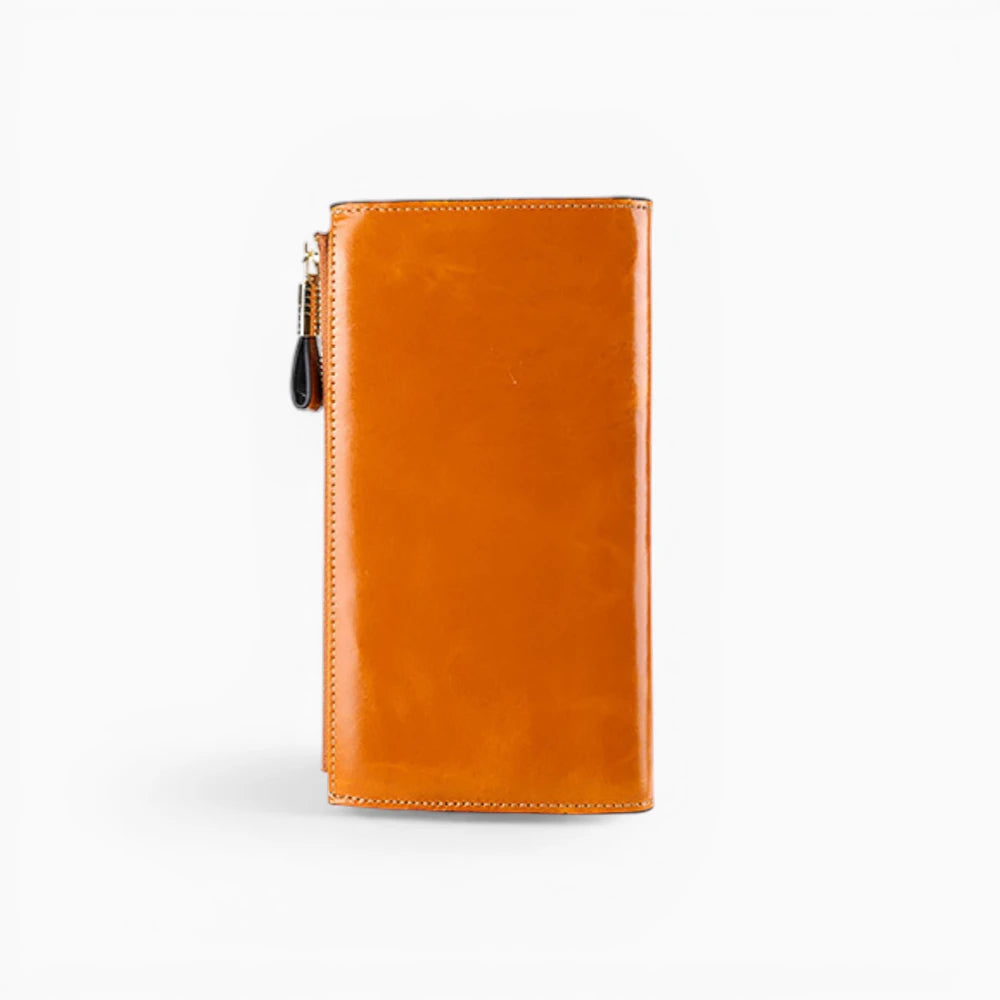 Portefeuille femme cuir caramel avec aperçu partiel des détails du produit