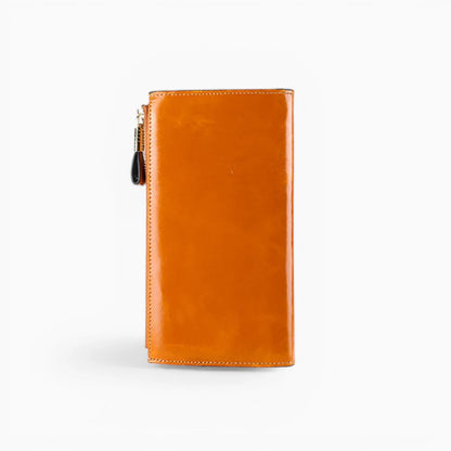 Portefeuille femme cuir caramel avec aperçu partiel des détails du produit