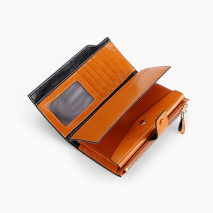 Portefeuille femme cuir caramel avec vue partielle et détails du design