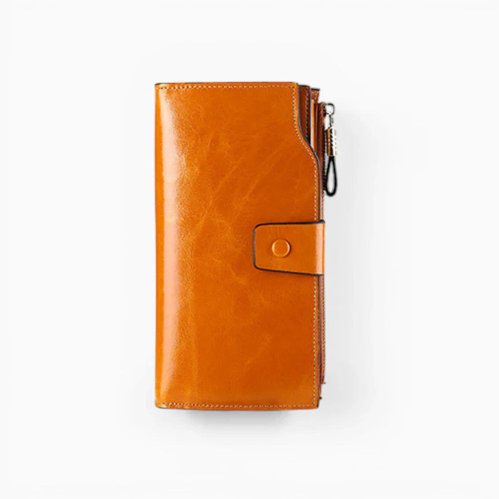 Portefeuille femme cuir caramel avec aperçu partiel du design et des détails
