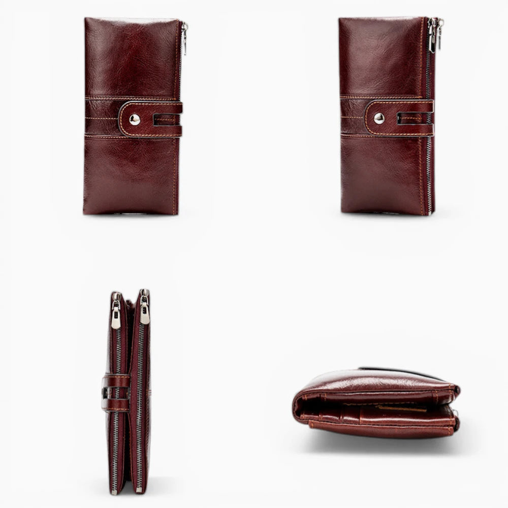 Portefeuille femme cuir marron foncé avec fermeture et vues face profil et dessous