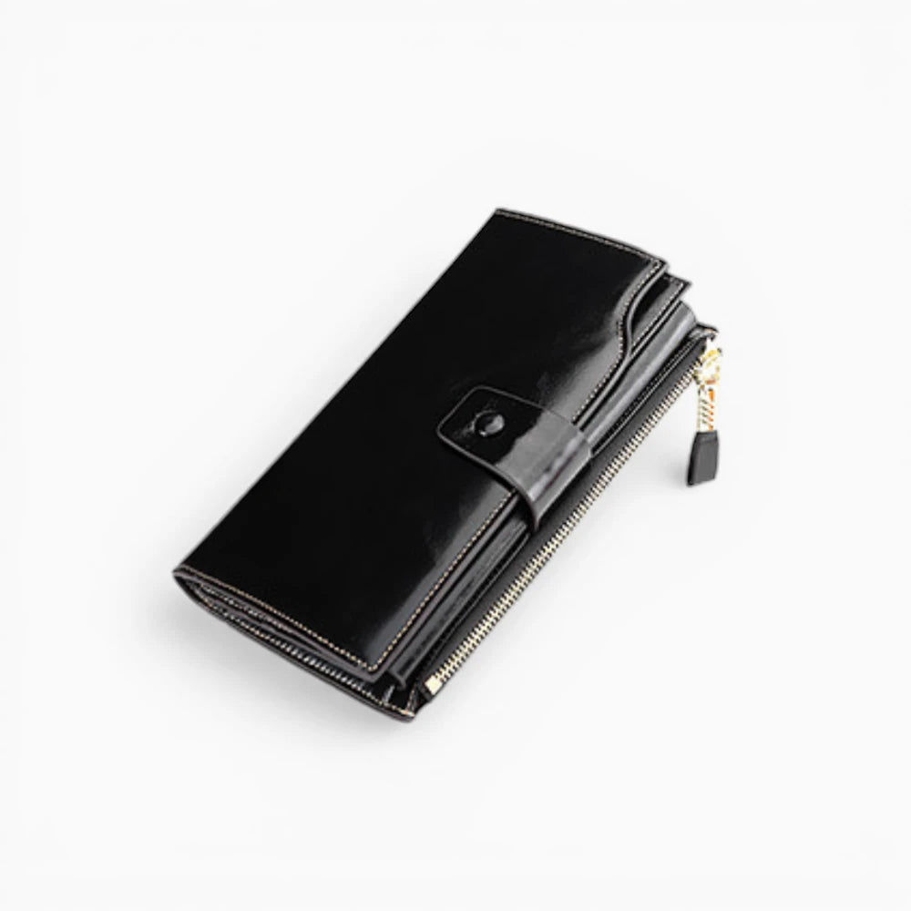 Portefeuille femme cuir noir avec fermeture éclair et bouton pression