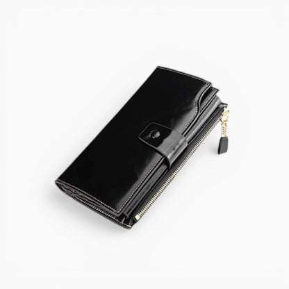 Portefeuille femme cuir noir avec fermeture éclair et bouton pression