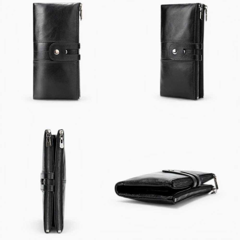 Portefeuille femme cuir noir avec fermeture et vues face profil et dessous