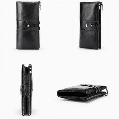 Portefeuille femme cuir noir avec fermeture et vues face profil et dessous