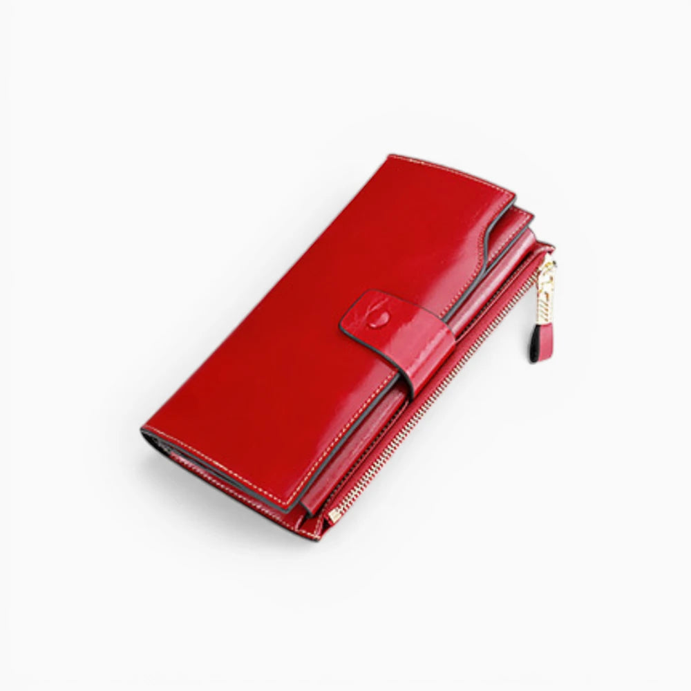 Portefeuille femme cuir rouge avec fermeture éclair et bouton pression