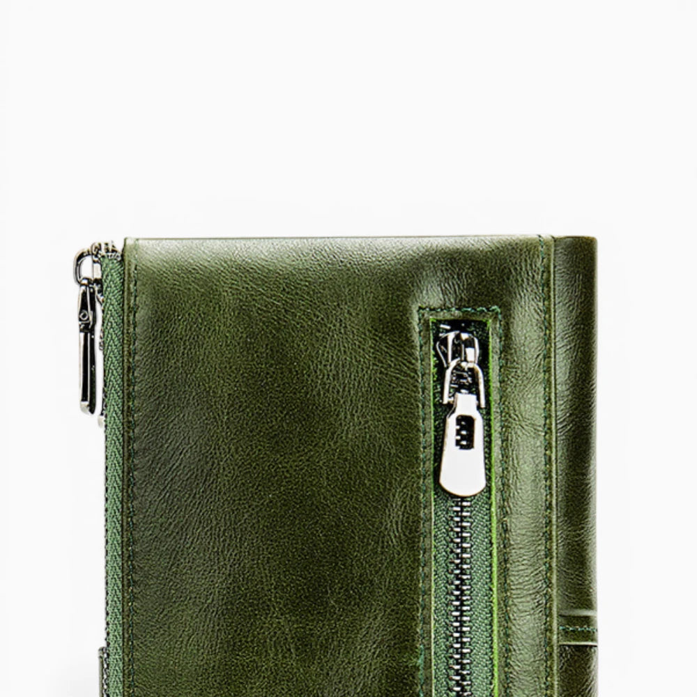 Portefeuille femme en cuir vert avec fermeture éclair et design compact