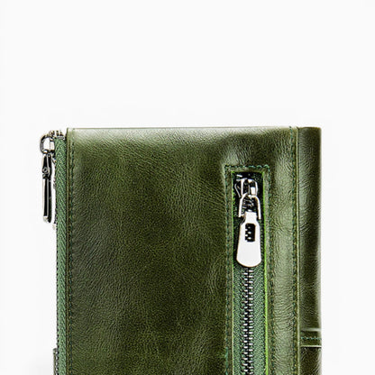 Portefeuille femme en cuir vert avec fermeture éclair et design compact