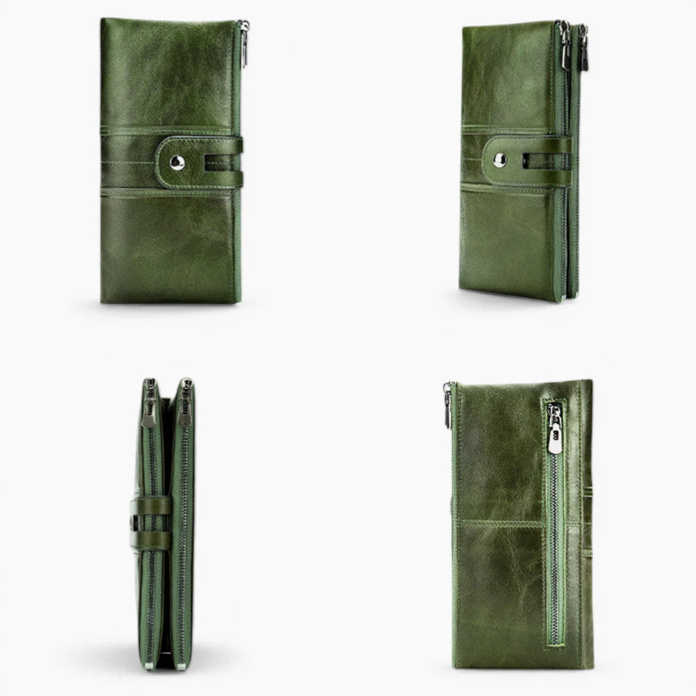 Portefeuille femme cuir vert présenté sous plusieurs angles face profil et dos
