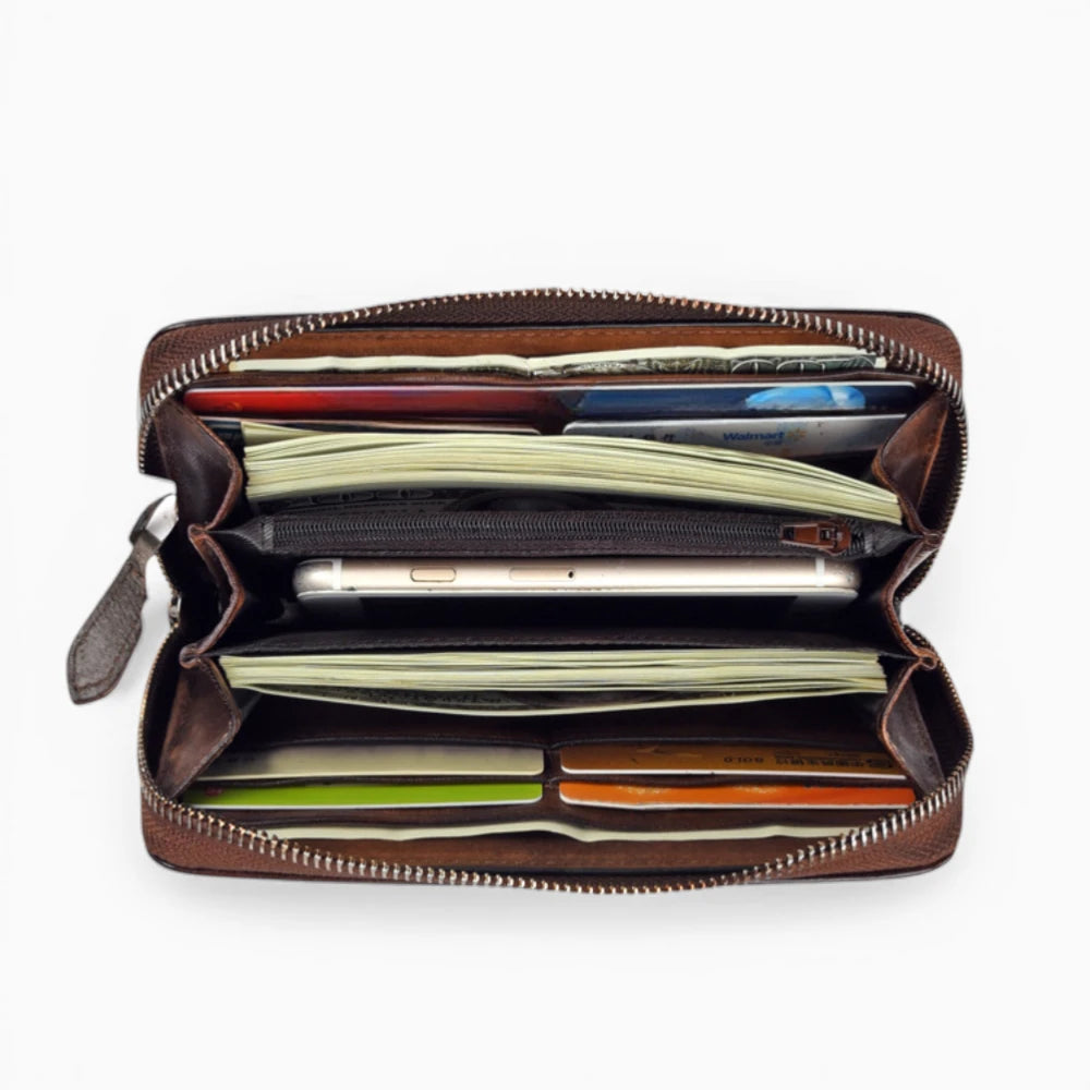 Portefeuille femme cuir marron foncé avec grande capacité pour cartes billets et téléphone