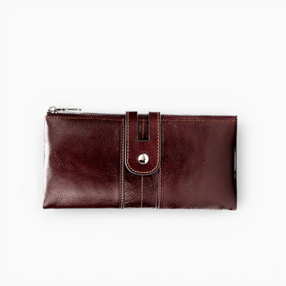 Portefeuille cuir marron foncé femme avec bouton pression et fermeture zip