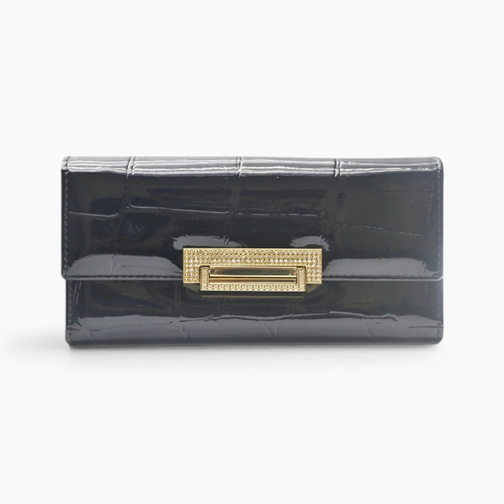 Portefeuille femme en cuir noir avec fermeture dorée