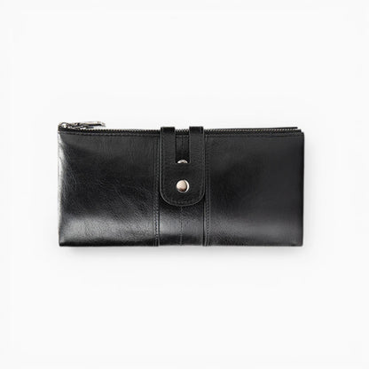 Portefeuille cuir noir femme avec bouton pression et fermeture zip