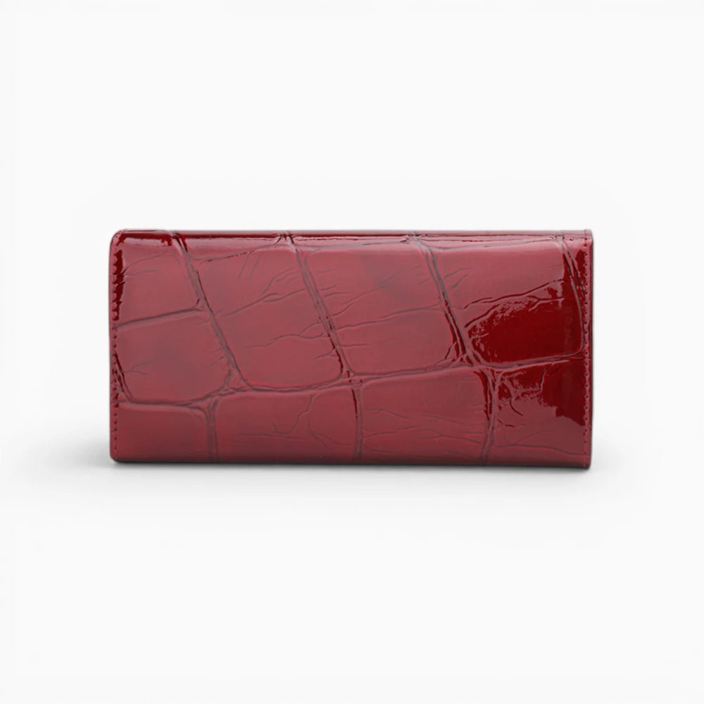 Dos du portefeuille femme en cuir rouge  avec texture brillante