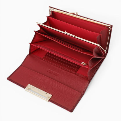 Portefeuille femme en cuir rouge ouvert avec compartiments et rangements
