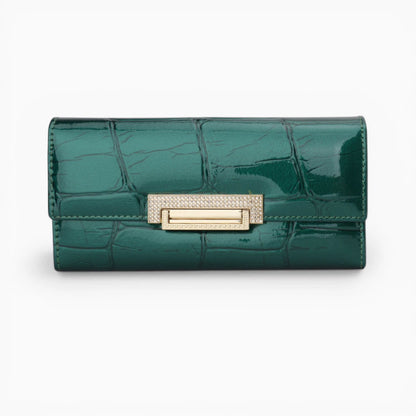Portefeuille femme en cuir vert avec fermeture dorée élégante